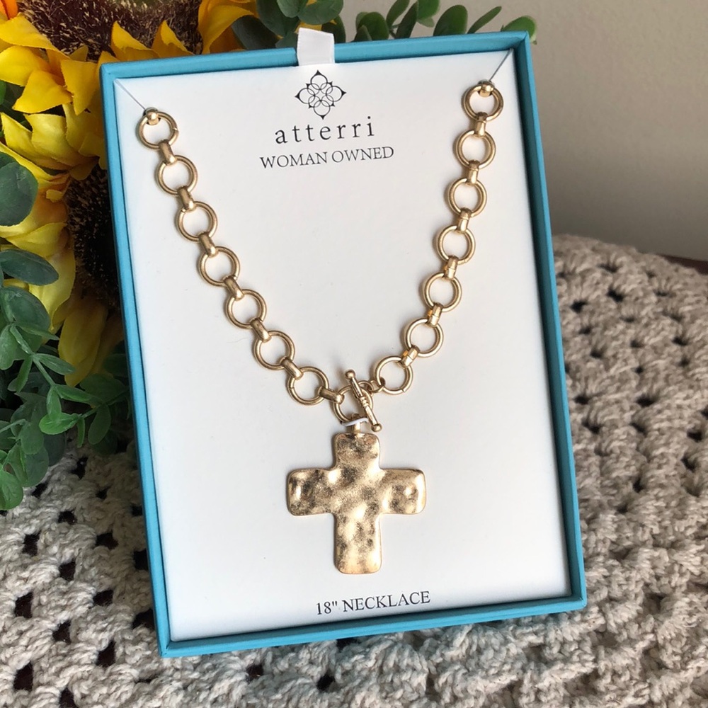 Gold Hammered Chunky Cross Necklace